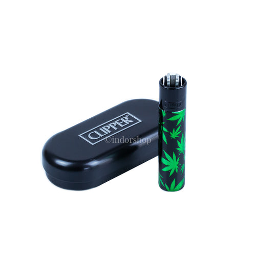 Clipper Encendedor Metalico Hojas Hemp Top Negro